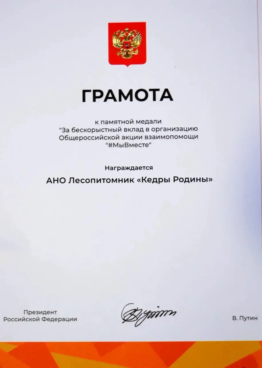 Грамота АНО «Лесопитомник «Кедры Родины»»